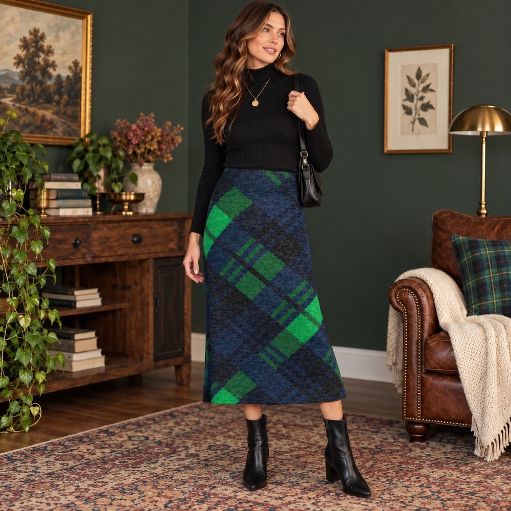 Carole Wren L Blue Green Black Geometric Plaid Knit Maxi Skirt Stretch
